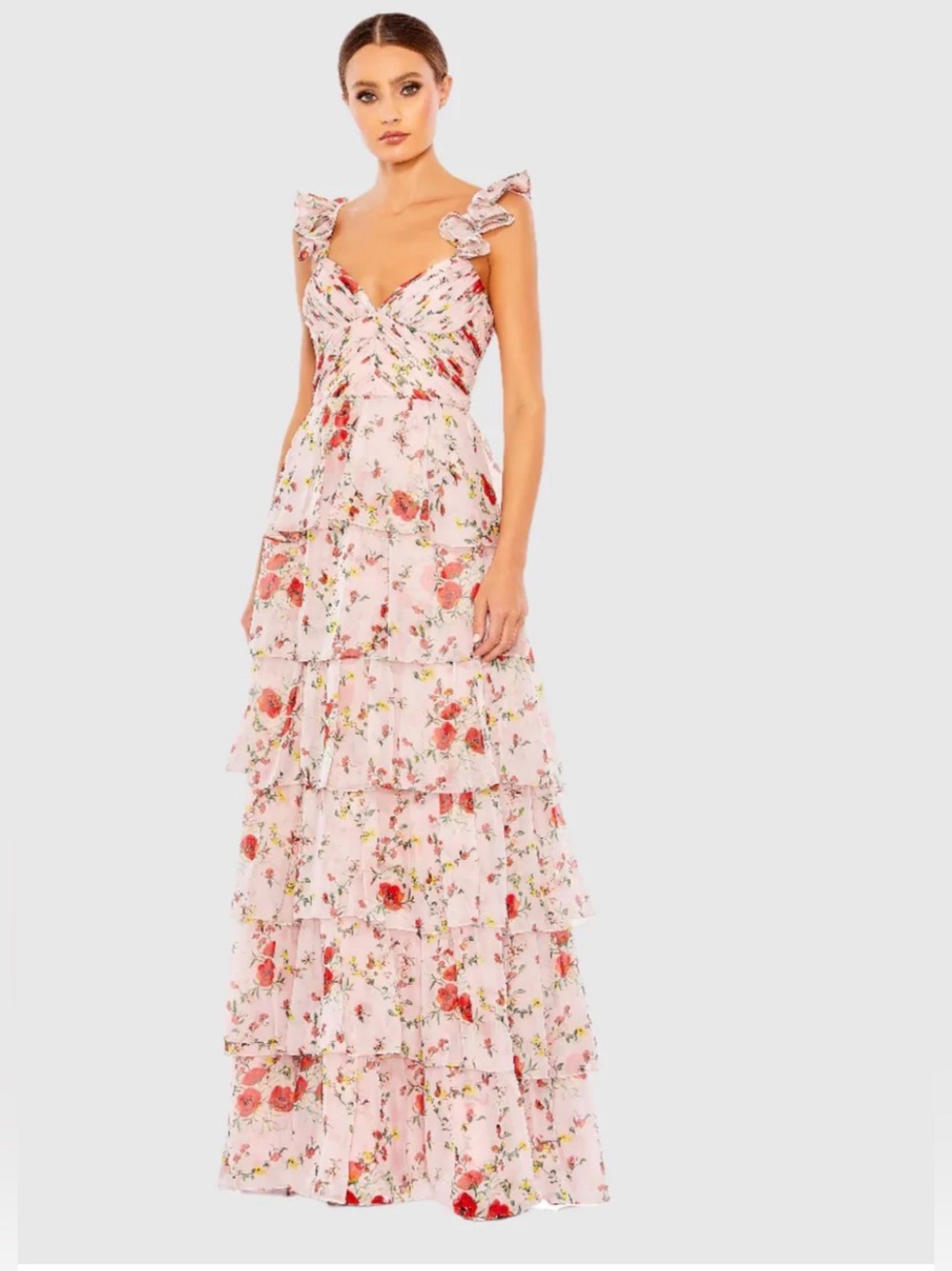 MAC DUGGAL Pink Ruffled Sleeveless Draped Tiered Floral Gown $458 Sz 10 #55816